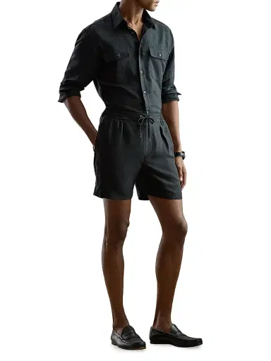 Ralph Lauren Purple Label Men's Hand-Tailored Silk-Linen Shorts - Black | Thumbnail 2 Ralph Lauren Purple Label Men's Hand-Tailored Silk-Linen Shorts - Black | Thumbnail 2