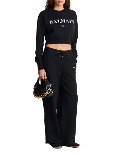 Balmain Women's Logo Cropped Sweatshirt - Black White | Thumbnail 2 Balmain Women's Logo Cropped Sweatshirt - Black White | Thumbnail 2