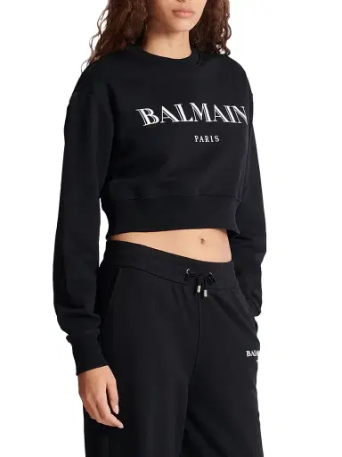 Balmain Women's Logo Cropped Sweatshirt - Black White | Thumbnail 4 Balmain Women's Logo Cropped Sweatshirt - Black White | Thumbnail 4