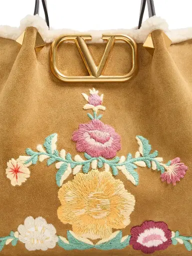 Valentino Garavani Women's Shopping Bag in Embroidered Suede with Sheepskin Lining - Havana Beige | Thumbnail 6 Valentino Garavani Women's Shopping Bag in Embroidered Suede with Sheepskin Lining - Havana Beige | Thumbnail 6