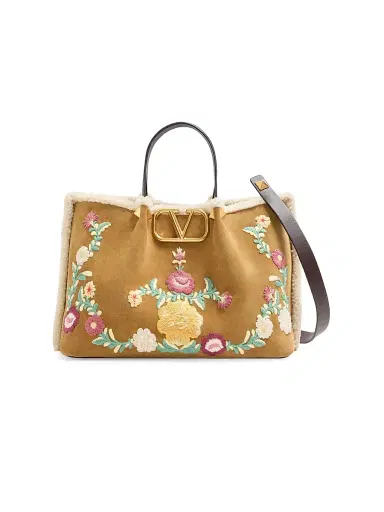 Valentino Garavani Women's Shopping Bag in Embroidered Suede with Sheepskin Lining - Havana Beige | Thumbnail 1 Valentino Garavani Women's Shopping Bag in Embroidered Suede with Sheepskin Lining - Havana Beige | Thumbnail 1