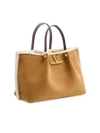 Valentino Garavani Women's Suede Shopping Bag with Sheepskin Lining - Havana Beige | Thumbnail 2 Valentino Garavani Women's Suede Shopping Bag with Sheepskin Lining - Havana Beige | Thumbnail 2