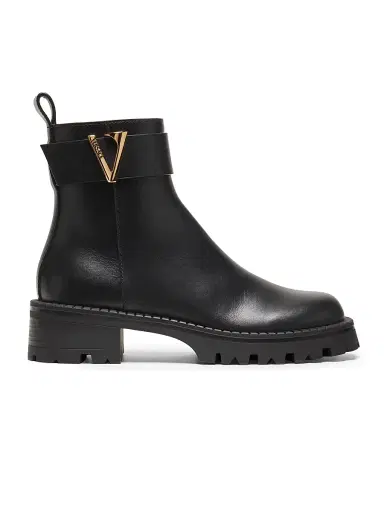 Versace Women's V-Logo Leather Ankle Booties - Black Gold Palladium | Thumbnail 1 Versace Women's V-Logo Leather Ankle Booties - Black Gold Palladium | Thumbnail 1