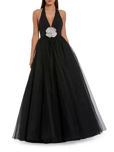 Mac Duggal Women's Flower Embellished Halterneck Ball Gown - Black - Size 14 | Thumbnail 1 Mac Duggal Women's Flower Embellished Halterneck Ball Gown - Black - Size 14 | Thumbnail 1