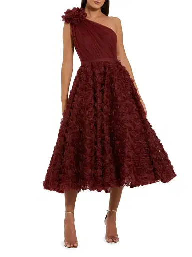 Mac Duggal Women's One-Shoulder 3D Flower Tea-Length Dress - Wine - Size 16 | Thumbnail 1 Mac Duggal Women's One-Shoulder 3D Flower Tea-Length Dress - Wine - Size 16 | Thumbnail 1