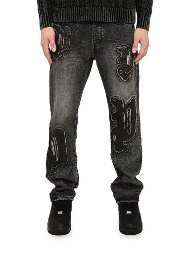 Purple Brand Men's Monceau Sequined Logo Jeans - Black | Thumbnail 1 Purple Brand Men's Monceau Sequined Logo Jeans - Black | Thumbnail 1