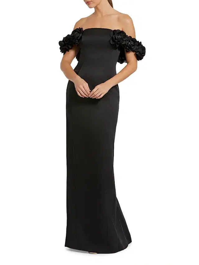 Women's Satin 3D Flower Off-The-Shoulder Mermaid Gown - Black Women's Satin 3D Flower Off-The-Shoulder Mermaid Gown - Black