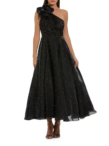 Mac Duggal Women's Pearl Beaded Organza One-Shoulder Tea-Length Dress | Thumbnail 1 Mac Duggal Women's Pearl Beaded Organza One-Shoulder Tea-Length Dress | Thumbnail 1