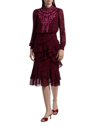 Saloni Women's Isa Ruffle Embroidered Midi-Dress - Astilbe Burgundy | Thumbnail 2 Saloni Women's Isa Ruffle Embroidered Midi-Dress - Astilbe Burgundy | Thumbnail 2