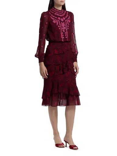 Saloni Women's Isa Ruffle Embroidered Midi-Dress - Astilbe Burgundy | Thumbnail 4 Saloni Women's Isa Ruffle Embroidered Midi-Dress - Astilbe Burgundy | Thumbnail 4