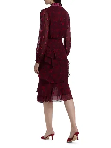 Saloni Women's Isa Ruffle Embroidered Midi-Dress - Astilbe Burgundy | Thumbnail 5 Saloni Women's Isa Ruffle Embroidered Midi-Dress - Astilbe Burgundy | Thumbnail 5
