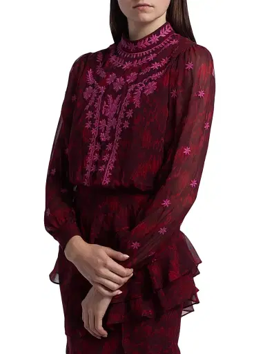 Saloni Women's Isa Ruffle Embroidered Midi-Dress - Astilbe Burgundy | Thumbnail 6 Saloni Women's Isa Ruffle Embroidered Midi-Dress - Astilbe Burgundy | Thumbnail 6