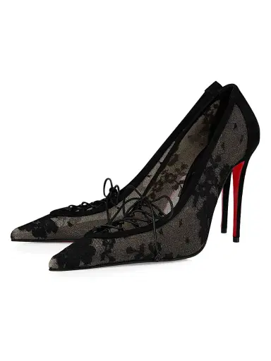 Christian Louboutin Women's Km 100MM Lace and Leather Pumps - Black | Thumbnail 2 Christian Louboutin Women's Km 100MM Lace and Leather Pumps - Black | Thumbnail 2