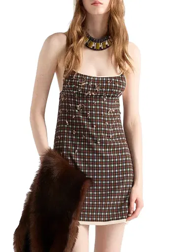Prada Women's Embellished Checked Georgette Mini-Dress - Green | Thumbnail 2 Prada Women's Embellished Checked Georgette Mini-Dress - Green | Thumbnail 2
