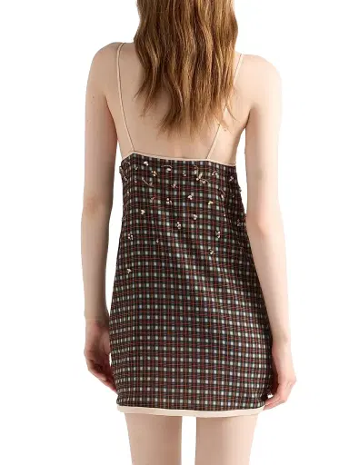 Prada Women's Embellished Checked Georgette Mini-Dress - Green | Thumbnail 3 Prada Women's Embellished Checked Georgette Mini-Dress - Green | Thumbnail 3