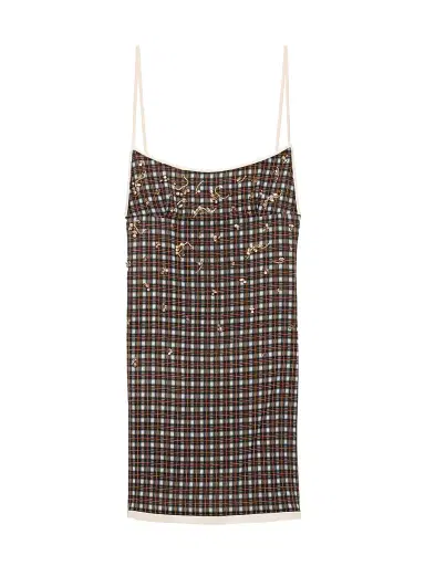 Prada Women's Embellished Checked Georgette Mini-Dress - Green | Thumbnail 1 Prada Women's Embellished Checked Georgette Mini-Dress - Green | Thumbnail 1