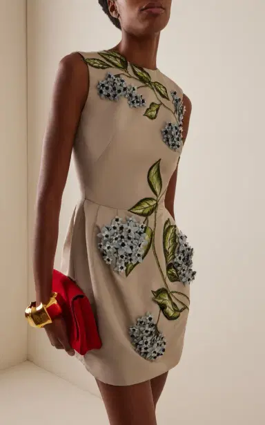 Oscar de la Renta Porcelain Flowers Embellished Faille Mini Dress | Thumbnail 3 Oscar de la Renta Porcelain Flowers Embellished Faille Mini Dress | Thumbnail 3