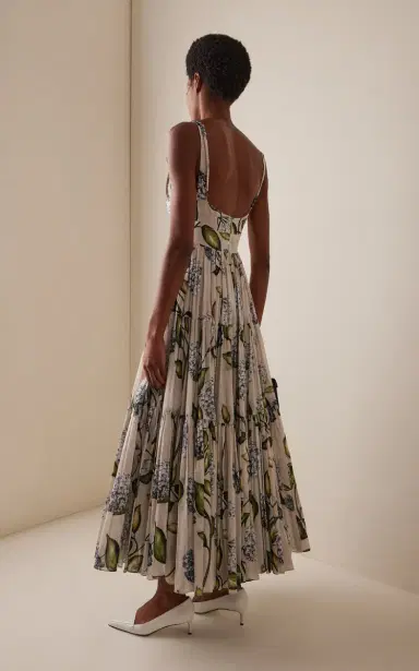 Oscar de la Renta Porcelain Flowers Pleated Cotton Voile Midi Dress | Thumbnail 4 Oscar de la Renta Porcelain Flowers Pleated Cotton Voile Midi Dress | Thumbnail 4