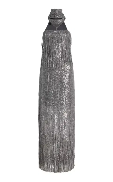 BEVZA Sunbeams Scarf-Neck Fringed Sequined Maxi Dress | Thumbnail 1 BEVZA Sunbeams Scarf-Neck Fringed Sequined Maxi Dress | Thumbnail 1