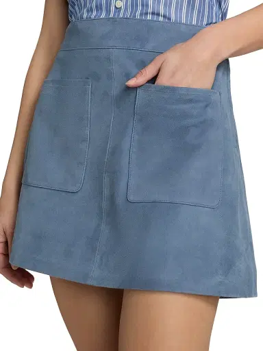 Tanya Taylor Women's Fran Suede Patch Pocket Miniskirt - Steel Blue | Thumbnail 6 Tanya Taylor Women's Fran Suede Patch Pocket Miniskirt - Steel Blue | Thumbnail 6
