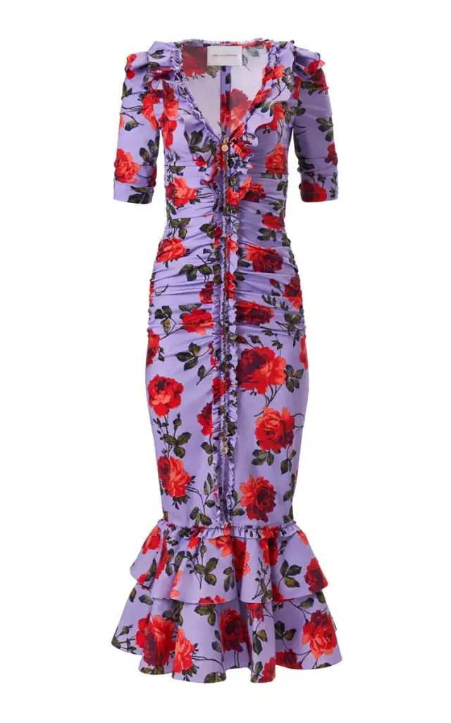 Gathered Stemmed-Rose-Printed Stretch-Cotton Midi Dress Gathered Stemmed-Rose-Printed Stretch-Cotton Midi Dress