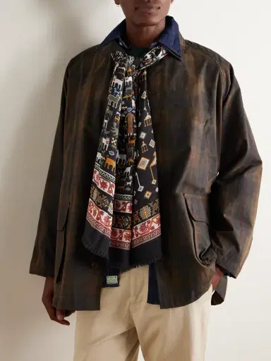 Drake's Frayed Printed Wool and Silk-Blend Scarf - Men | Thumbnail 2 Drake's Frayed Printed Wool and Silk-Blend Scarf - Men | Thumbnail 2