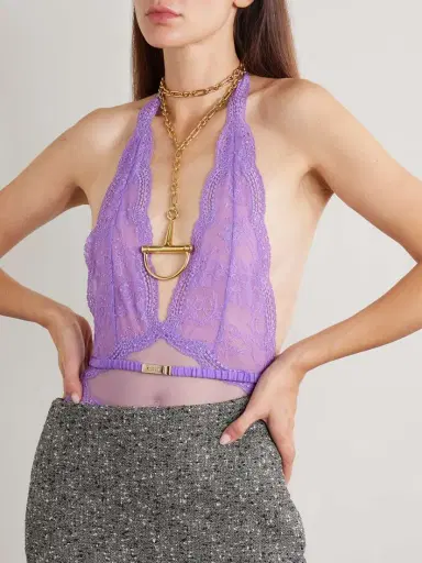 Gucci Belted Stretch-lace And Silk-blend Tulle Halterneck Bodysuit | Thumbnail 3 Gucci Belted Stretch-lace And Silk-blend Tulle Halterneck Bodysuit | Thumbnail 3