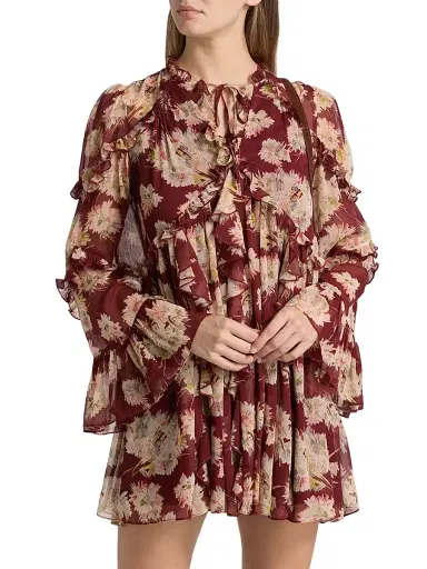 Cinq à Sept Women's Mae Bouquet Albani Ruffle-Trim Minidress - Wineberry Multi | Thumbnail 3 Cinq à Sept Women's Mae Bouquet Albani Ruffle-Trim Minidress - Wineberry Multi | Thumbnail 3