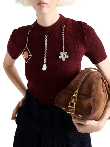 Prada Women's Short-Sleeved Wool Sweater with Pendants - Dark Red | Thumbnail 2 Prada Women's Short-Sleeved Wool Sweater with Pendants - Dark Red | Thumbnail 2