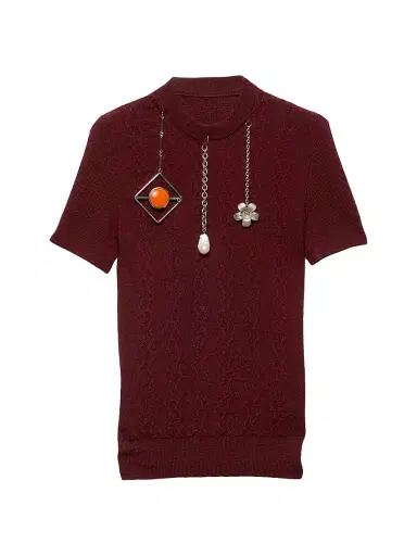 Prada Women's Short-Sleeved Wool Sweater with Pendants - Dark Red | Thumbnail 1 Prada Women's Short-Sleeved Wool Sweater with Pendants - Dark Red | Thumbnail 1