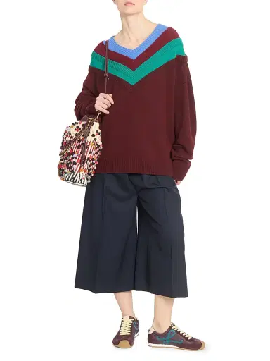 LOEWE Women's Colorblocked Wool Sweater - Green Red Multicolor | Thumbnail 2 LOEWE Women's Colorblocked Wool Sweater - Green Red Multicolor | Thumbnail 2