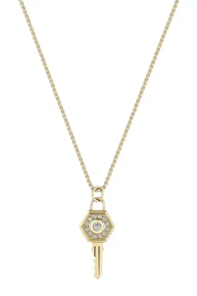 Zoë Chicco Diamond Hexagon Halo Key Pendant Necklace | Thumbnail 1 Zoë Chicco Diamond Hexagon Halo Key Pendant Necklace | Thumbnail 1