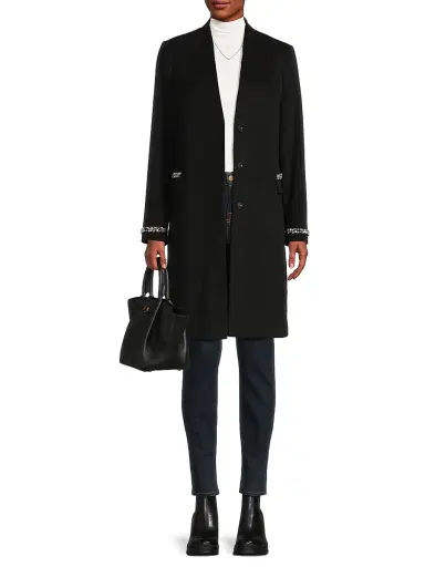Milly Women's Collarless Jewel Trim Maxi Coat - Black | Thumbnail 2 Milly Women's Collarless Jewel Trim Maxi Coat - Black | Thumbnail 2