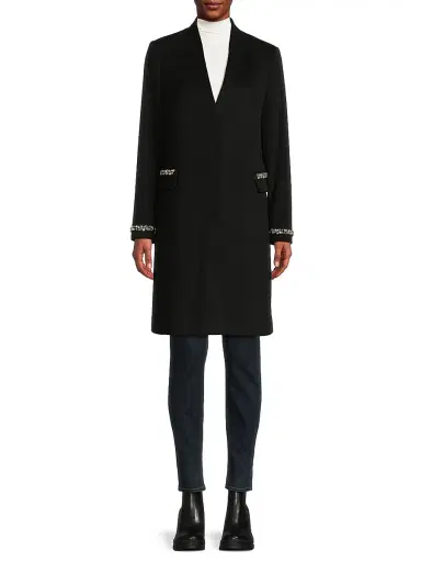 Milly Women's Collarless Jewel Trim Maxi Coat - Black | Thumbnail 3 Milly Women's Collarless Jewel Trim Maxi Coat - Black | Thumbnail 3
