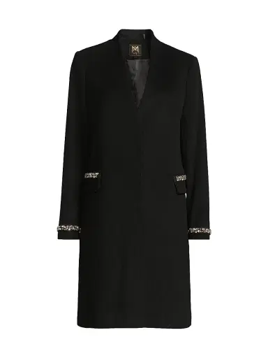 Milly Women's Collarless Jewel Trim Maxi Coat - Black | Thumbnail 1 Milly Women's Collarless Jewel Trim Maxi Coat - Black | Thumbnail 1