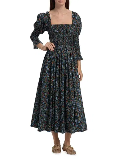DÔEN Women's Bijou Smocked Floral Cotton Midi-Dress - Noir Prairie De Montagne | Thumbnail 2 DÔEN Women's Bijou Smocked Floral Cotton Midi-Dress - Noir Prairie De Montagne | Thumbnail 2