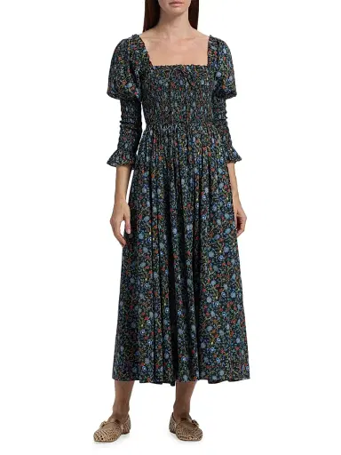 DÔEN Women's Bijou Smocked Floral Cotton Midi-Dress - Noir Prairie De Montagne | Thumbnail 3 DÔEN Women's Bijou Smocked Floral Cotton Midi-Dress - Noir Prairie De Montagne | Thumbnail 3