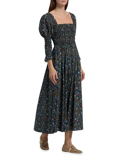 DÔEN Women's Bijou Smocked Floral Cotton Midi-Dress - Noir Prairie De Montagne | Thumbnail 4 DÔEN Women's Bijou Smocked Floral Cotton Midi-Dress - Noir Prairie De Montagne | Thumbnail 4
