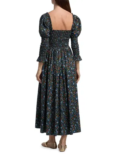 DÔEN Women's Bijou Smocked Floral Cotton Midi-Dress - Noir Prairie De Montagne | Thumbnail 5 DÔEN Women's Bijou Smocked Floral Cotton Midi-Dress - Noir Prairie De Montagne | Thumbnail 5