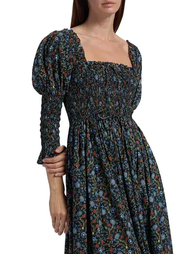 DÔEN Women's Bijou Smocked Floral Cotton Midi-Dress - Noir Prairie De Montagne | Thumbnail 6 DÔEN Women's Bijou Smocked Floral Cotton Midi-Dress - Noir Prairie De Montagne | Thumbnail 6