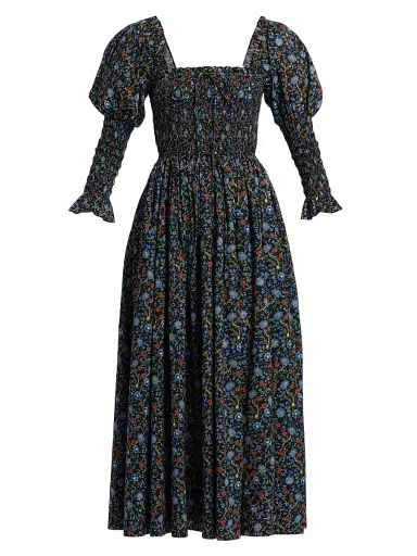 DÔEN Women's Bijou Smocked Floral Cotton Midi-Dress - Noir Prairie De Montagne | Thumbnail 1 DÔEN Women's Bijou Smocked Floral Cotton Midi-Dress - Noir Prairie De Montagne | Thumbnail 1