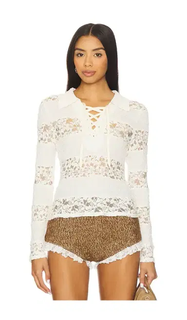 Yuhan Wang Collared Stripe Lace Polo Top | Thumbnail 2 Yuhan Wang Collared Stripe Lace Polo Top | Thumbnail 2