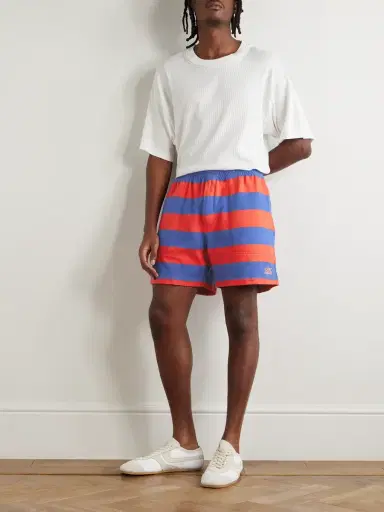 BODE Clubhouse Wide-Leg Logo-Embroidered Striped Cotton-Jersey Shorts - Men | Thumbnail 2 BODE Clubhouse Wide-Leg Logo-Embroidered Striped Cotton-Jersey Shorts - Men | Thumbnail 2