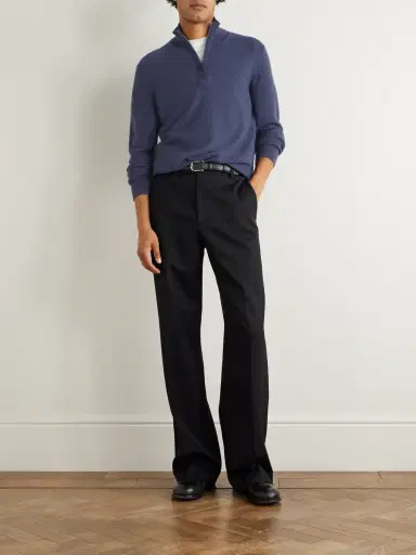 Zegna Oasi Leather-Trimmed Cashmere Half-Zip Sweater - Men | Thumbnail 2 Zegna Oasi Leather-Trimmed Cashmere Half-Zip Sweater - Men | Thumbnail 2