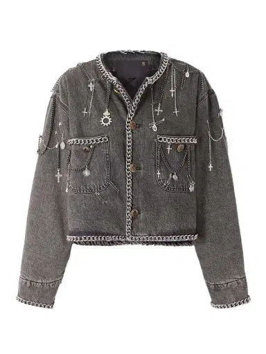 R13 Cropped Embellished Denim Jacket | Thumbnail 1 R13 Cropped Embellished Denim Jacket | Thumbnail 1