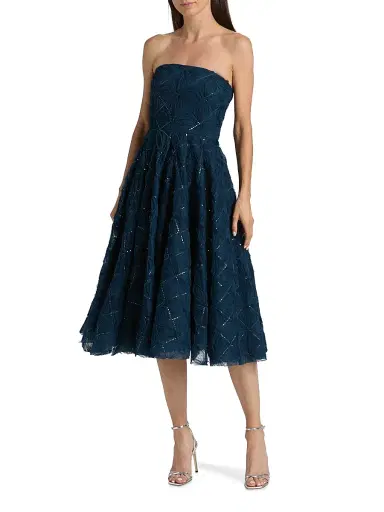 Theia Women's Anna Strapless Tulle Tea-Length Dress - Poseidon | Thumbnail 3 Theia Women's Anna Strapless Tulle Tea-Length Dress - Poseidon | Thumbnail 3