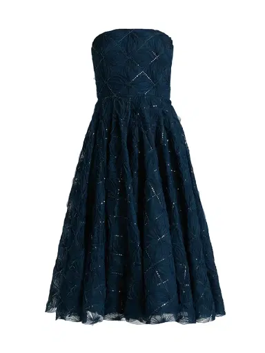 Theia Women's Anna Strapless Tulle Tea-Length Dress - Poseidon | Thumbnail 1 Theia Women's Anna Strapless Tulle Tea-Length Dress - Poseidon | Thumbnail 1