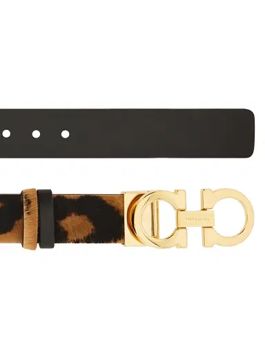 FERRAGAMO Women's Donna Double Gancini Leopard Calf Hair Belt - Natural Black | Thumbnail 4 FERRAGAMO Women's Donna Double Gancini Leopard Calf Hair Belt - Natural Black | Thumbnail 4