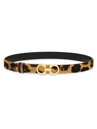 FERRAGAMO Women's Donna Double Gancini Leopard Calf Hair Belt - Natural Black | Thumbnail 1 FERRAGAMO Women's Donna Double Gancini Leopard Calf Hair Belt - Natural Black | Thumbnail 1