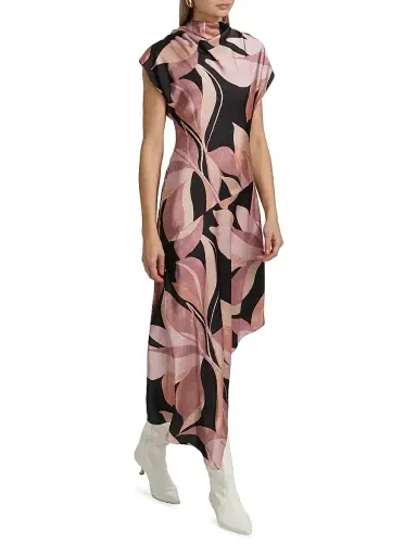 MISA Los Angeles Women's Sally Asymmetric Satin Midi-Dress - Moody Abstract Floral Stn | Thumbnail 2 MISA Los Angeles Women's Sally Asymmetric Satin Midi-Dress - Moody Abstract Floral Stn | Thumbnail 2